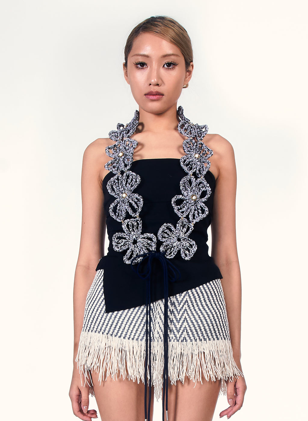 Crochet Floral Halter Collar Scarf (Indigo)